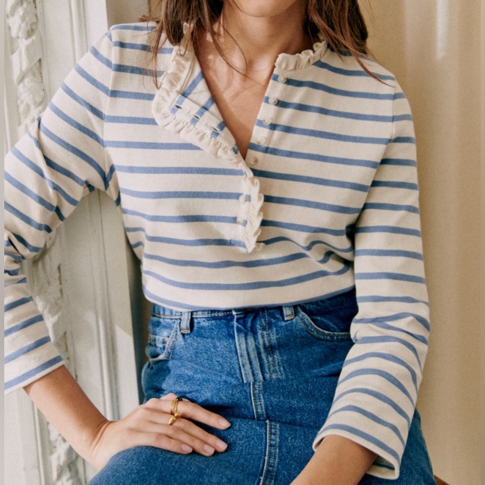 Sézane Gael Mariniere long sleeve shirt pullover in Vintage Blue / Ecru, size S